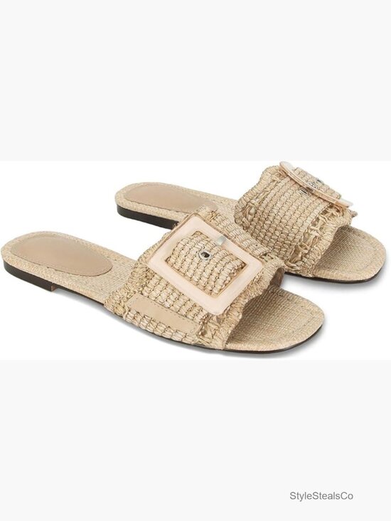 Shoes - Raffia Woven Flat Sandals Slide Summer Beach Shoes Comfort Buckle